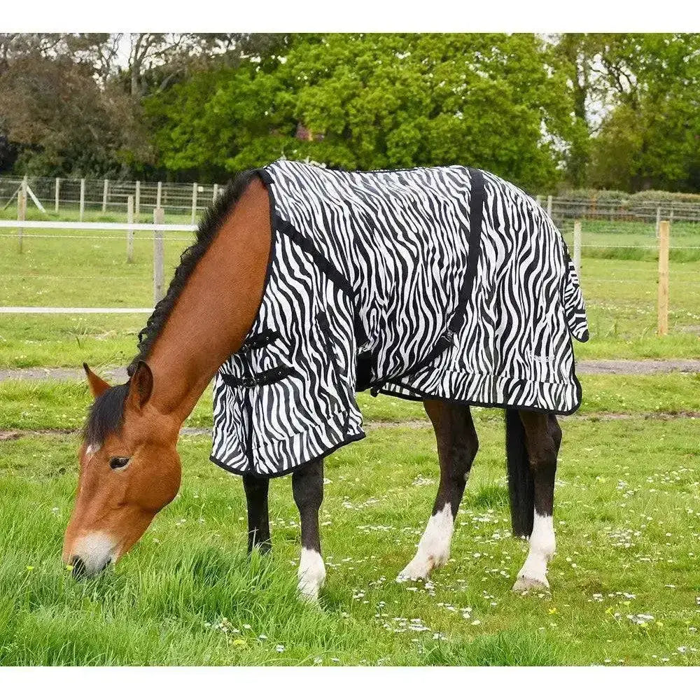 Rhinegold fly rugs black and white zebra-striped neck fly rug made of fully breathable mesh with a sleek fitted design