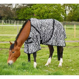 Rhinegold fly rugs black and white zebra-striped neck fly rug made of fully breathable mesh with a sleek fitted design
