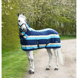 Blue and light blue striped rhinegold elite neck fleece rug with beige accents perfect for cozy horse warmth