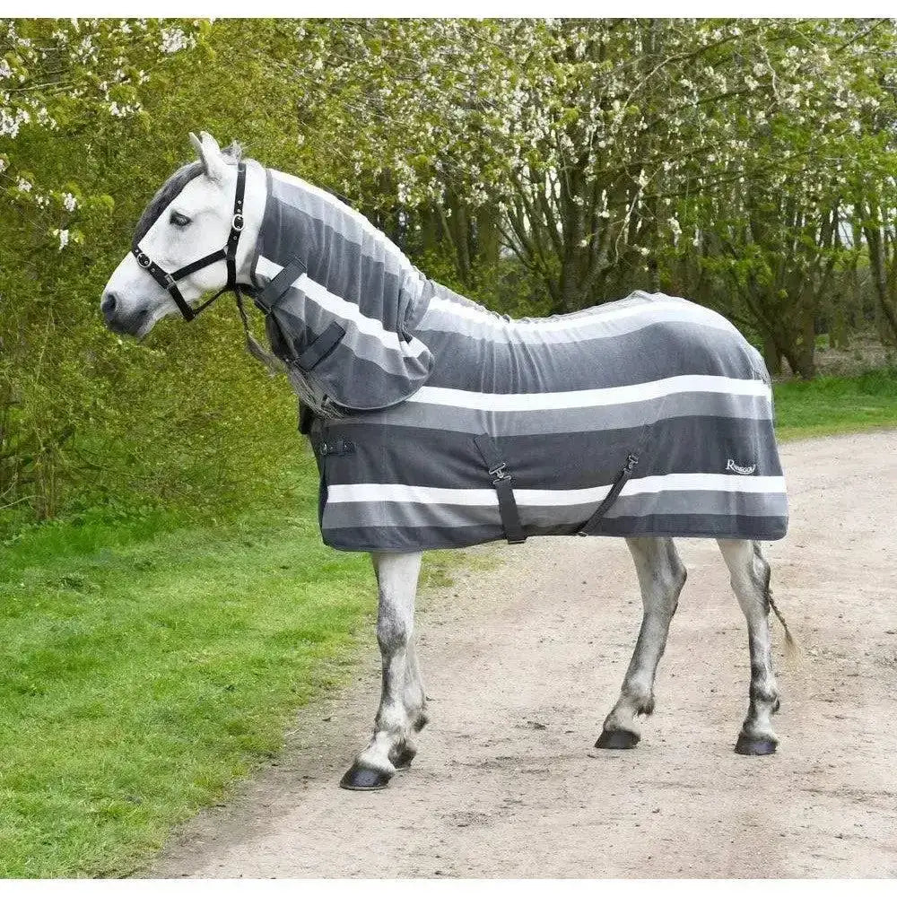 Gray and white striped fleece rugs rhinegold with black straps and neck hood for full neck coverage in rhinegold elite style