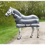 Gray and white striped fleece rugs rhinegold with black straps and neck hood for full neck coverage in rhinegold elite style