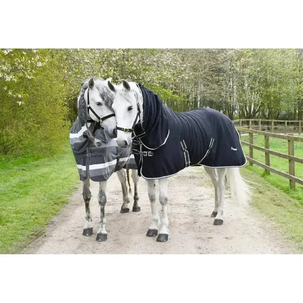 Black rhinegold elite fleece rugs with white trim and reflective stripes full neck combo fleece rug for horses