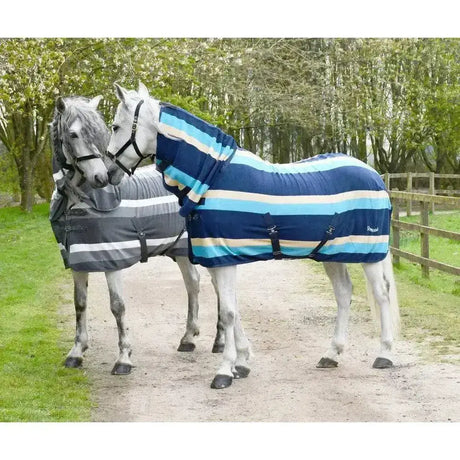 Blue and light blue striped rhinegold elite fleece rug with black straps full neck fleece rugs for horses