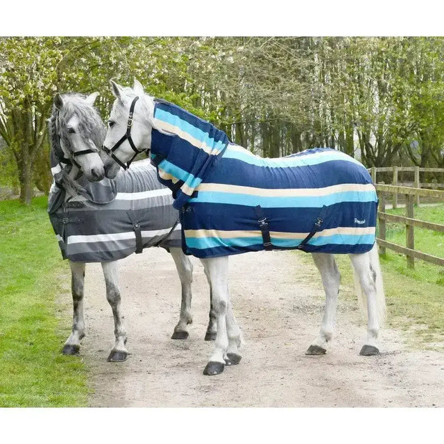 Blue and light blue striped fleece rug rhinegold elite full neck combo with black straps for horse warmth