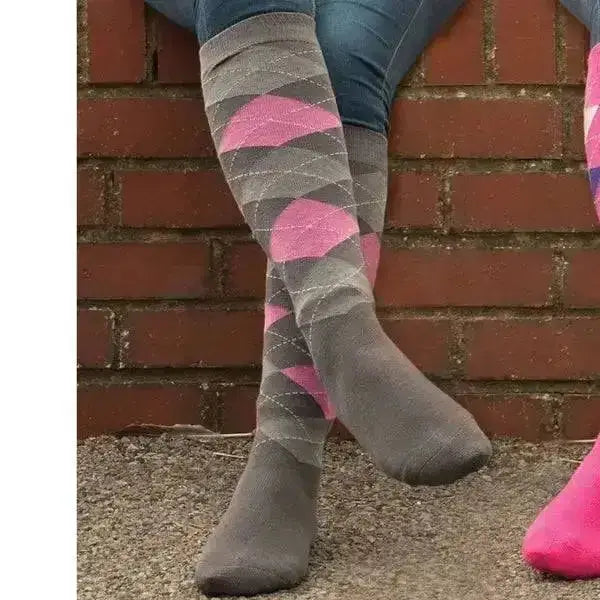 Rhinegold fully cushioned gray argyle knee-high riding socks with pink diamond patterns and cushioned sole