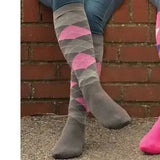 Rhinegold fully cushioned gray argyle knee-high riding socks with pink diamond patterns and cushioned sole