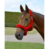 Red plush horse halter with padded straps and metal hardware featuring rhinegold fur trim faux fur trim headcollar