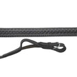 Black leather riding crop with textured dotted grip and metal buckle from rhinegold german leather covered flexi reins