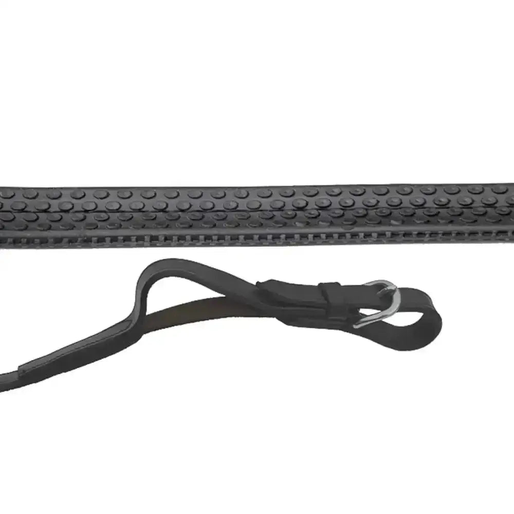 Black leather riding crop with textured dotted grip and metal buckle from rhinegold german leather covered flexi reins