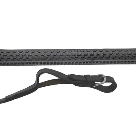 Black leather riding crop with textured dotted grip and metal buckle from rhinegold german leather covered flexi reins