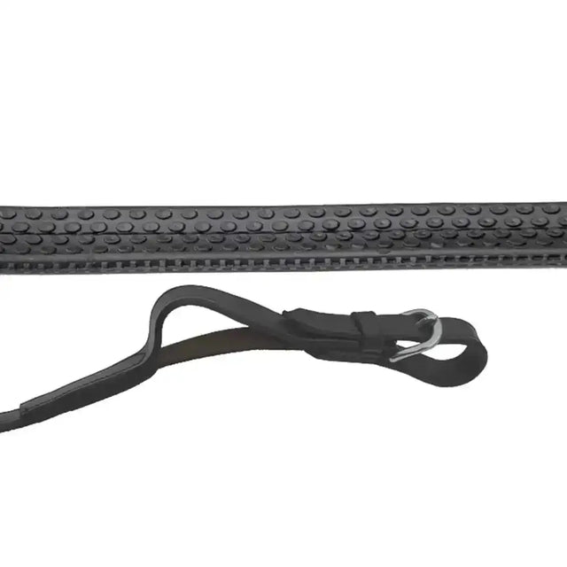 Black leather riding crop with textured dotted grip and metal buckle from rhinegold german leather covered flexi reins