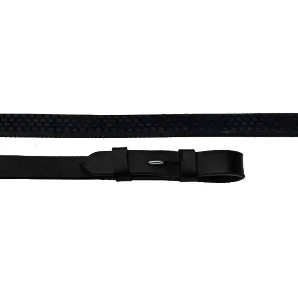 Black leather Rhinegold German leather rubber covered reins with textured pattern and silver buckle for riding