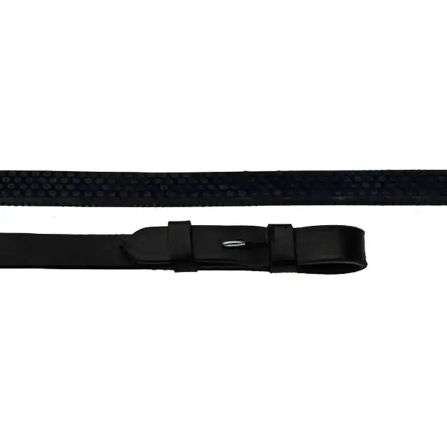 Black leather Rhinegold German leather rubber covered reins with textured pattern and silver buckle for riding