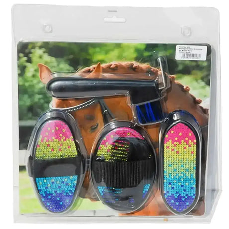 Rhinegold glitter junior grooming kit with rainbow glitter horse hoof brushes in black plastic holders for easy use