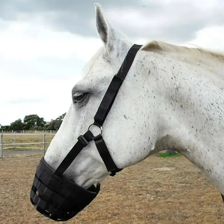 Black woven horse grazing muzzle with adjustable straps from rhinegold grazing muzzle horse tack collection