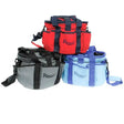 Red gray and light blue rhinegold grooming bags with black straps and elasticated drawstring closure for horse tack boxes