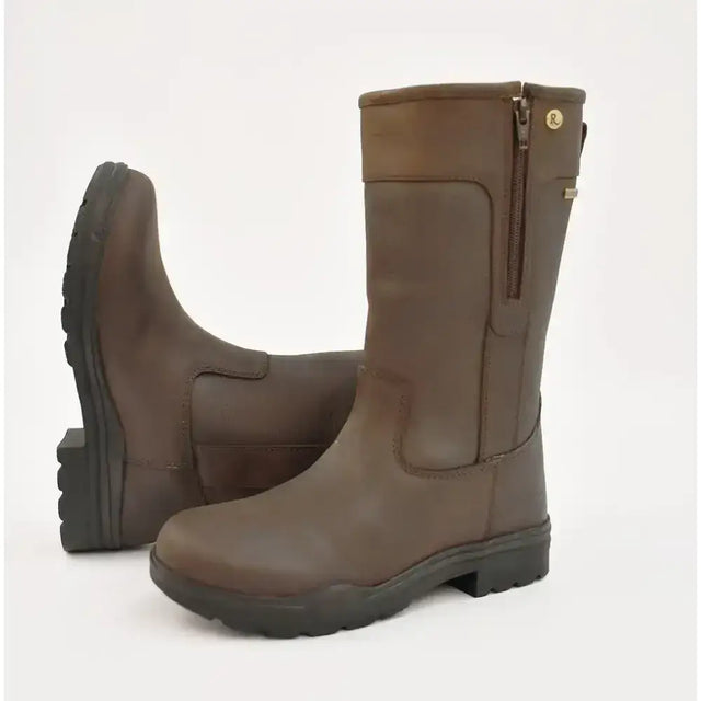 Brown leather rhinegold hampton country boot with side zipper and small gold logo near the top