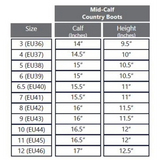 Size chart for Rhinegold Hampton Country Boot showing calf measurements and heights