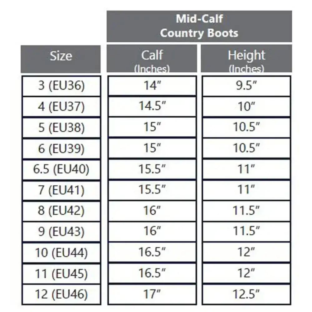 Size chart for rhinegold hampton country mid-calf boots showing european and us sizes with calf measurements in inches