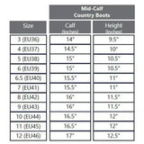 Size chart for rhinegold hampton country mid-calf boots showing european and us sizes with calf measurements in inches