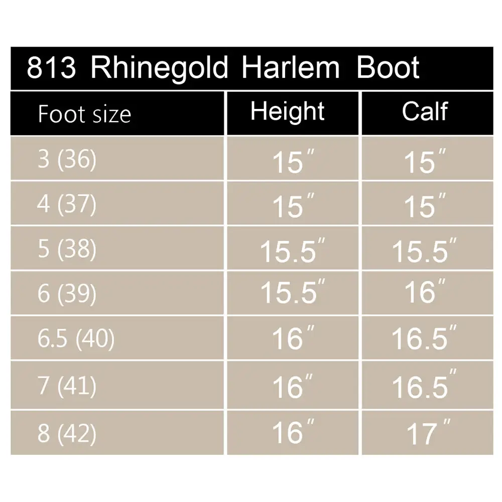 Size chart for Harlem Leather Country Boots with foot sizes and calf measurements