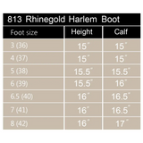 Size chart for Harlem Leather Country Boots with foot sizes and calf measurements