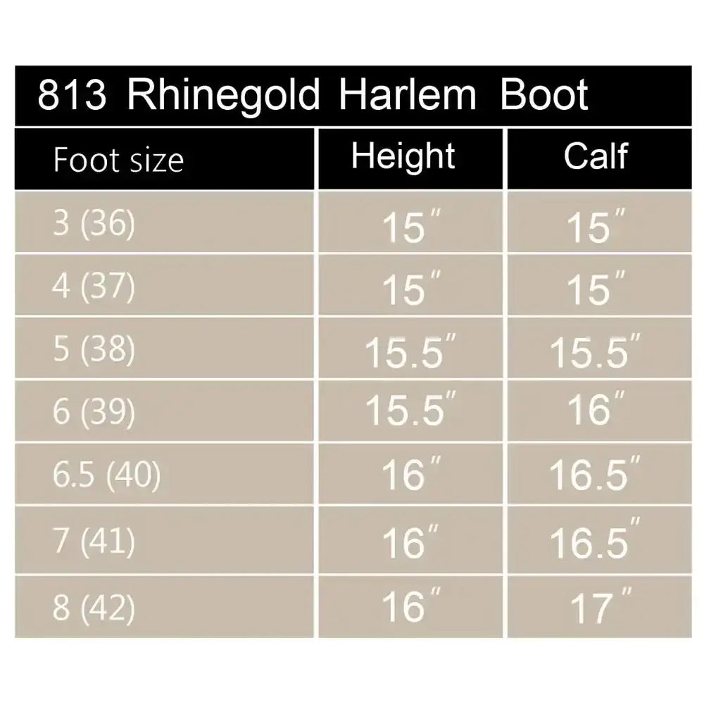 Size chart for 813 rhinegold harlem leather waterproof country boots showing measurements for leather country boots sizes