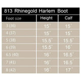 Size chart for 813 rhinegold harlem leather waterproof country boots showing measurements for leather country boots sizes