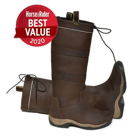 Brown leather harlem leather country boots with black laces tan sole and stitching details by rhinegold