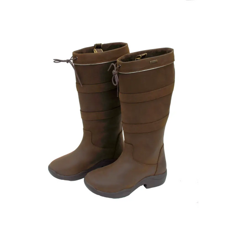 Tall brown Rhinegold Harlem Leather Waterproof Wide Country Boots with adjustable calf straps