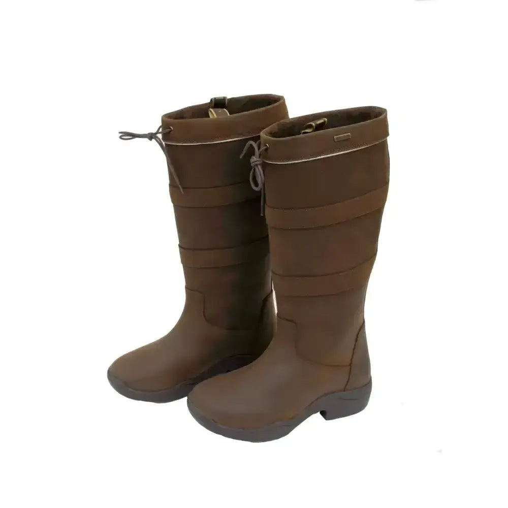 Brown rhinegold harlem leather waterproof wide country boots with waxy grained leather and adjustable laces and sturdy sole
