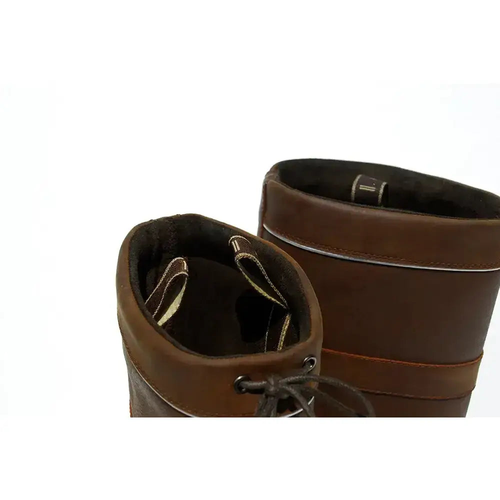 Brown rhinegold harlem leather waterproof boots with sturdy rounded toe and waxy grained leather stitching details