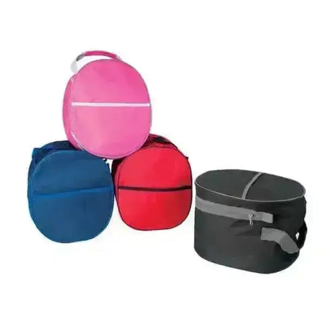 Set of four colorful oval rhinegold hat bags in pink blue red and black with zippers and fabric handles for easy travel