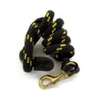 Black lead rope with yellow diamond pattern, dark brown leather loop, and brass hardware rhinegold heavy duty cotton lead rope