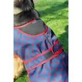 Navy blue polka dot rhinegold highland waterproof dog coat with red trim and black 600denier waterproof ripstop panels