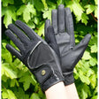 Black rhinegold honeycomb mesh riding gloves with perforated mesh and textured leather palms and gold snap closure