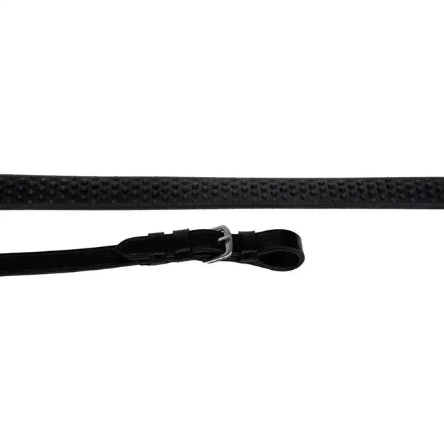 Black textured leather flexible grip Rhinegold italian leather rubber reins with silver buckle and smooth strap detail