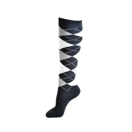 Black and white argyle rhinegold junior cool dry cushioned riding socks with ribbed cuff and fully cushioned sole