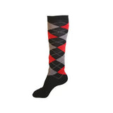 Black rhinegold junior cool dry cushioned riding socks with red gray argyle pattern and fully cushioned sole