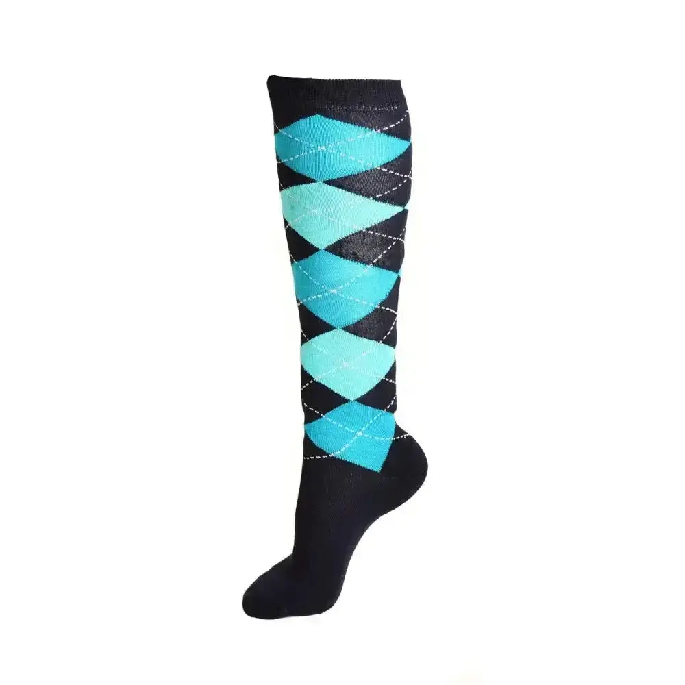 Black knee-high rhinegold junior cool dry cushioned riding socks with bold teal argyle and fully cushioned sole
