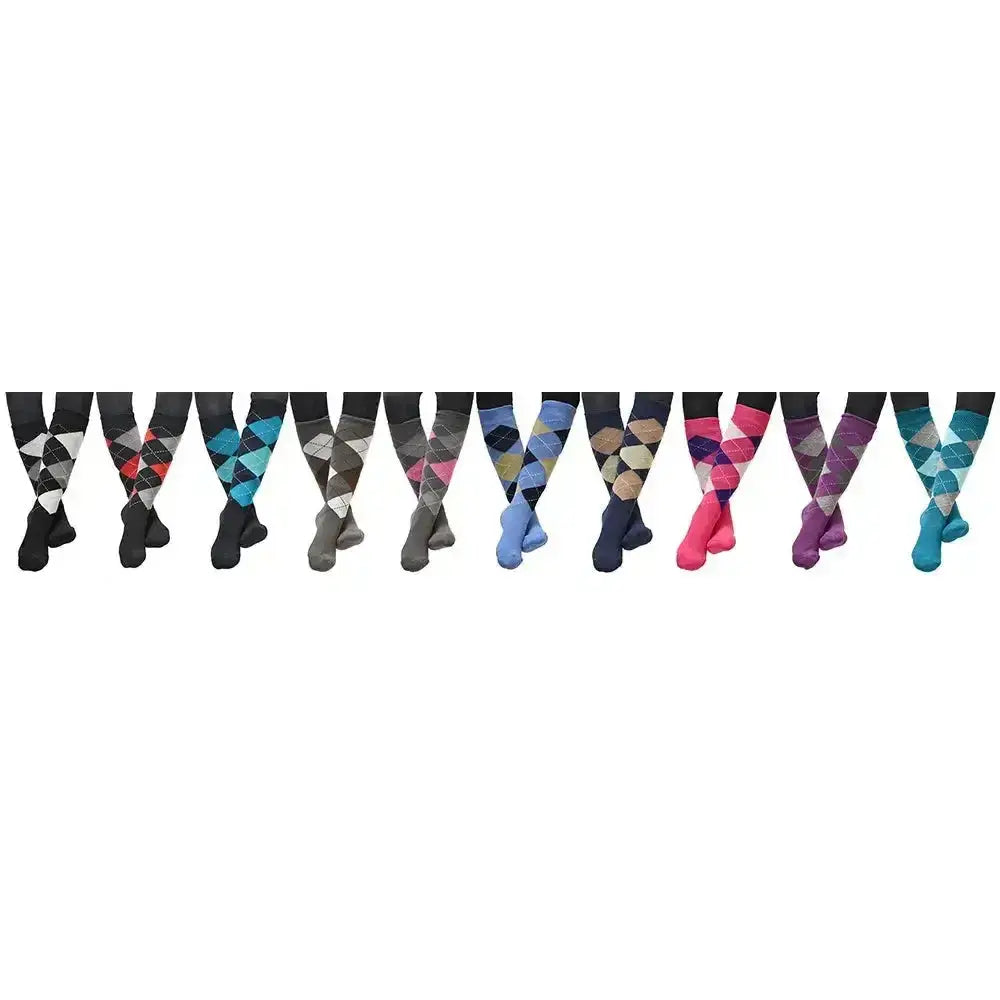 A collection of rhinegold junior cool dry cushioned riding socks with vibrant argyle patterns and fully cushioned soles