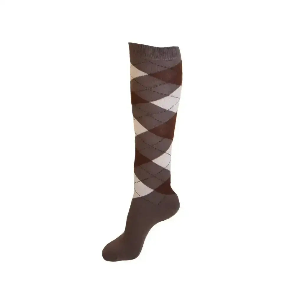 Brown argyle knee-high sock with cream and dark brown diamonds from rhinegold junior cool dry cushioned riding socks with fully cushioned sole