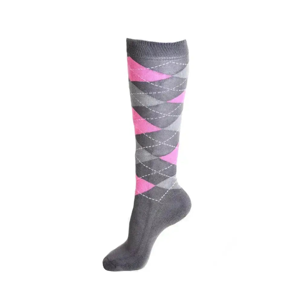 Gray argyle knee-high sock with pink diamonds and white stitching from rhinegold junior cool dry cushioned riding socks with fully cushioned sole