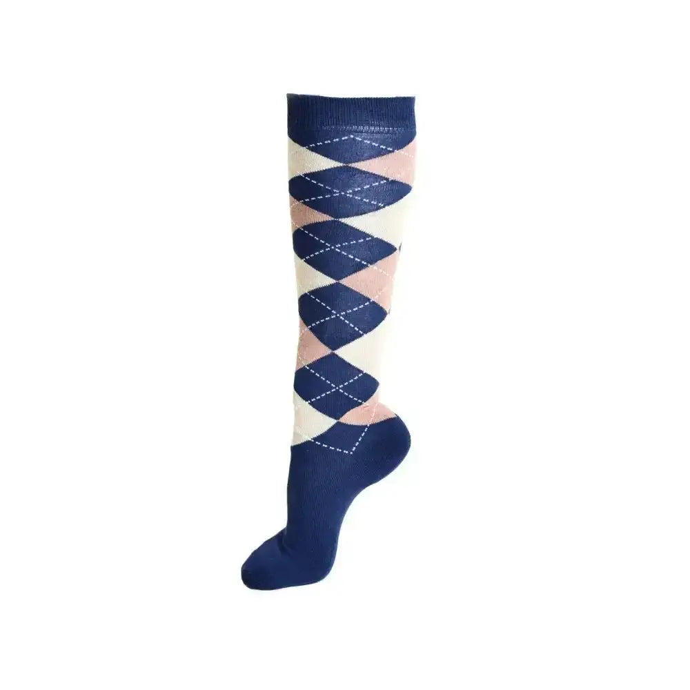 Navy blue and cream argyle knee-high rhinegold junior cool dry cushioned riding socks with fully cushioned sole and pink accents