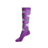 Purple argyle knee-high rhinegold junior cool dry cushioned riding socks with silver white diamond patterns and fully cushioned sole