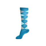 Teal and light blue argyle rhinegold junior cool dry cushioned riding socks with ribbed cuff and fully cushioned sole