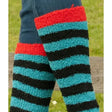 Fluffy striped red black and teal rhinegold junior soft touch knee high socks with bold leg warmers design