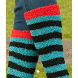 Fluffy striped red black and teal rhinegold junior soft touch knee high socks with bold leg warmers design