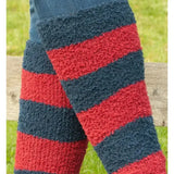 Red and navy blue striped plush fleece leg warmers from rhinegold junior soft touch knee high socks collection
