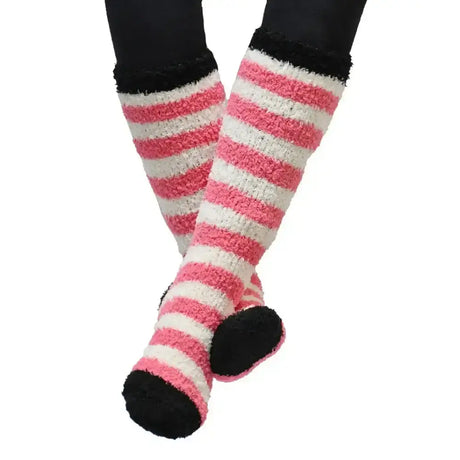 Pink and white striped fuzzy rhinegold junior soft touch knee high socks with black toe caps and cuffs